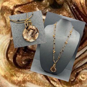 Glass Pendant Necklace Round Brown Gold Marbled Long Seed Bead Multi Strand Boho